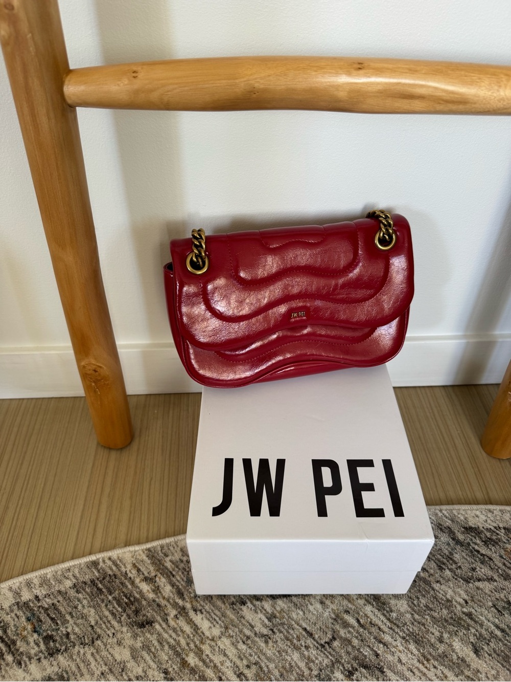 JW PEI Red Quilted Wave Shoulder Bag with Gold Chain